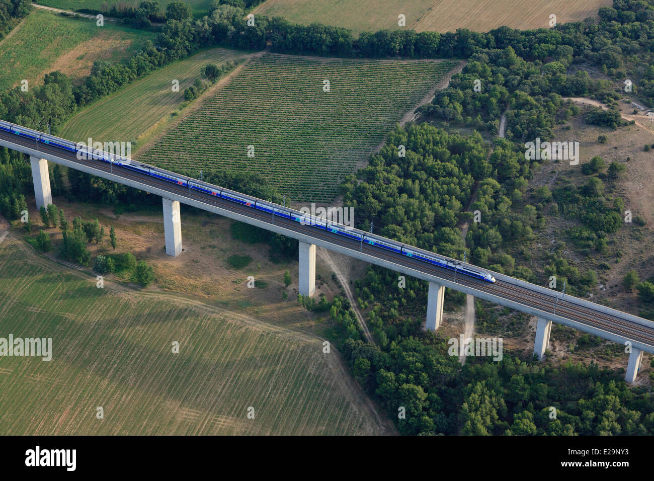 France, Bouches du Rhone, TGV on the LGV viaduct Vernegues (aerial view) Stock Photo