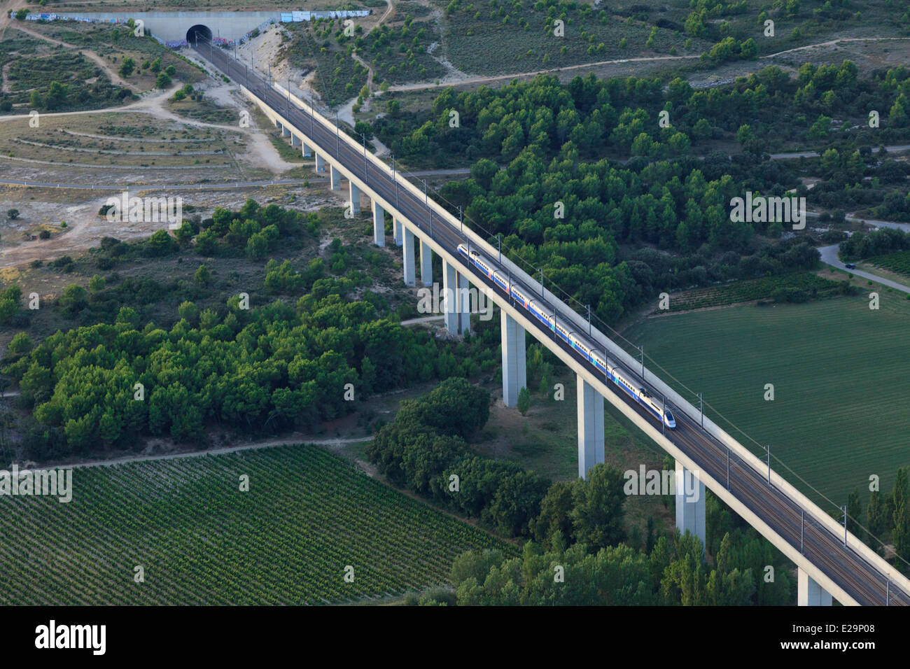 France, Bouches du Rhone, TGV on the LGV Mediterranee, viaduct Vernegues (aerial view) Stock Photo