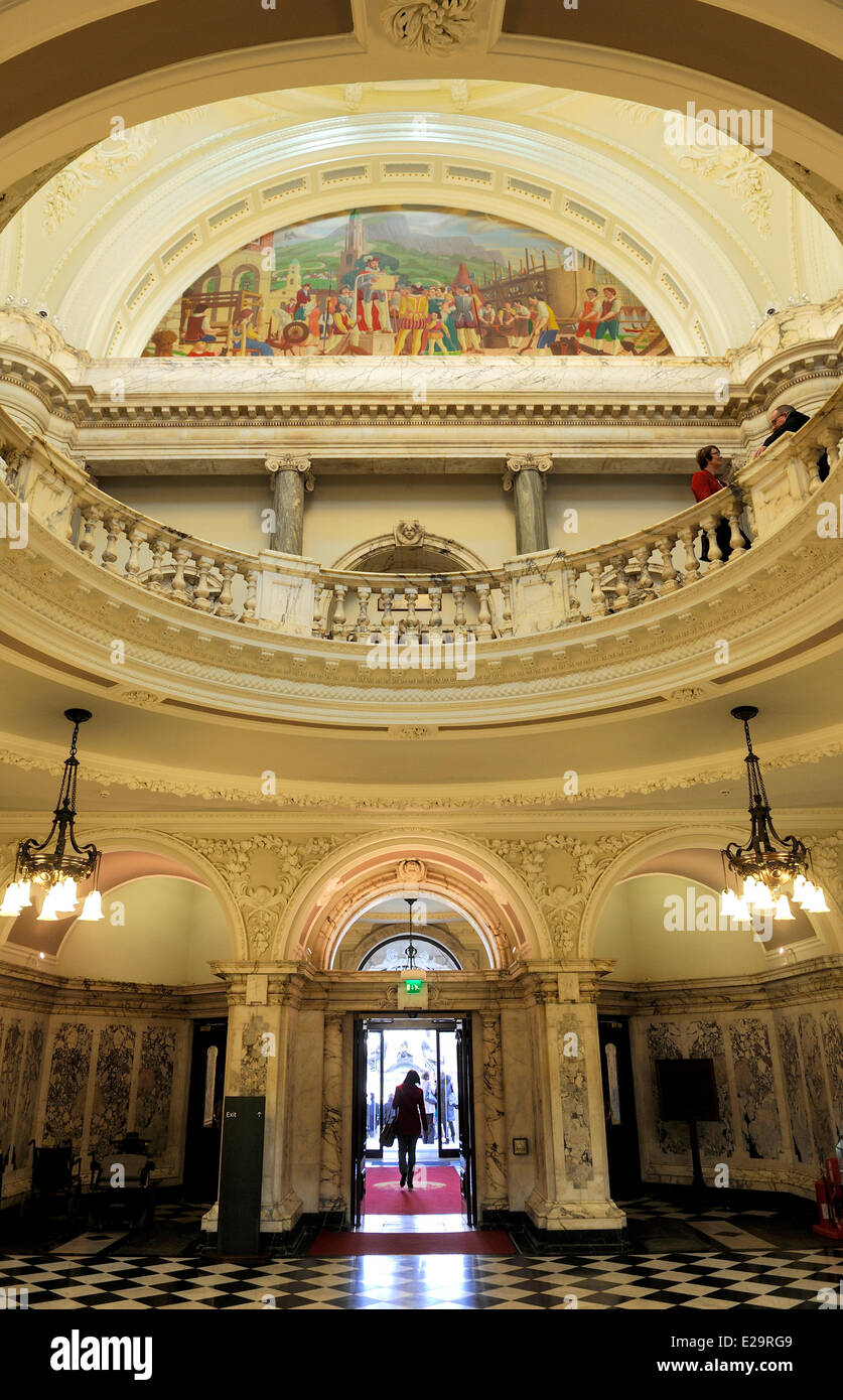 United Kingdom, Northern Ireland, Belfast, the City Hall, the main hall and mural symbolizing the history of the city Stock Photo