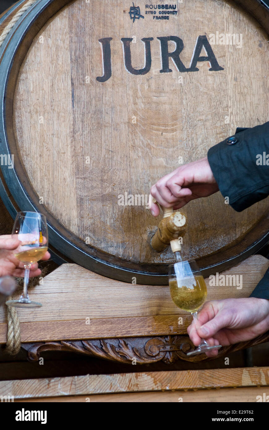 France, Jura, Arbois, breakthrough of the yellow wine by the ambassadors of the yellow wine Stock Photo