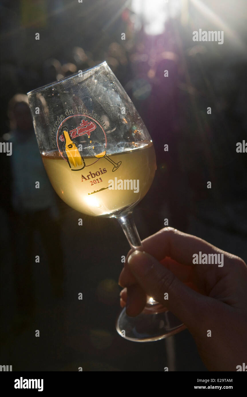 France, Jura, Arbois, breakthrough of the yellow wine, glass of yellow wine Stock Photo