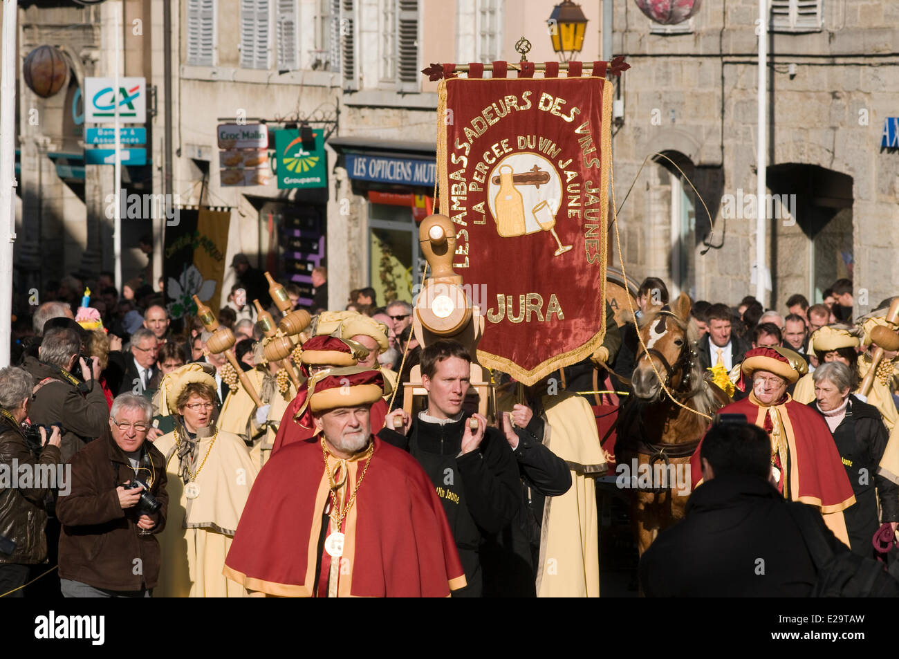 France, Jura, Arbois, breakthrough of the yellow wine, procession of the ambassadors of the yellow wine in the streets of the Stock Photo