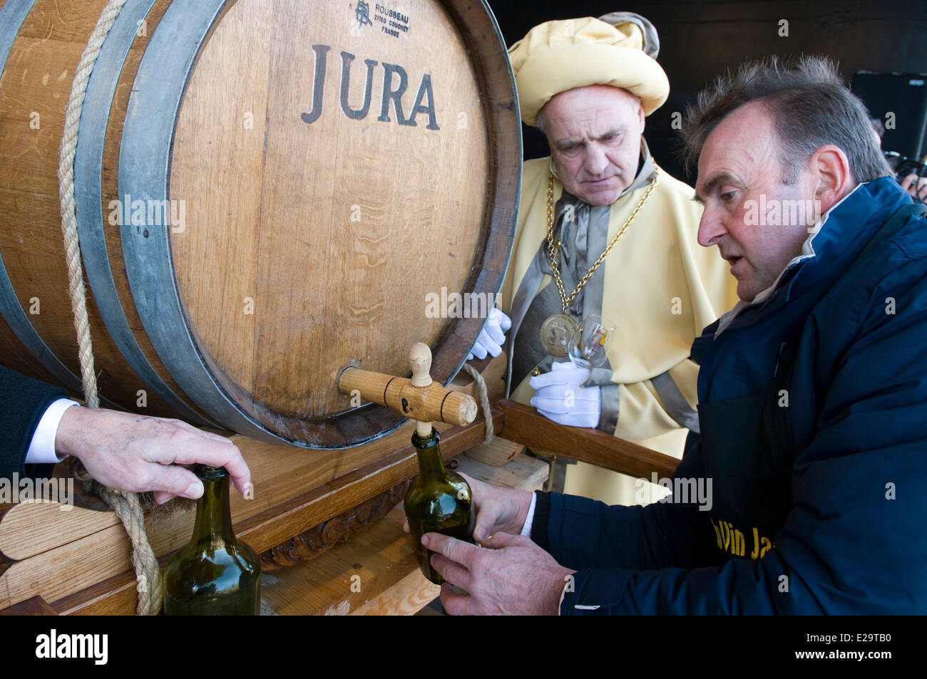 France, Jura, Arbois, breakthrough of the yellow wine by the ambassadors of the yellow wine Stock Photo