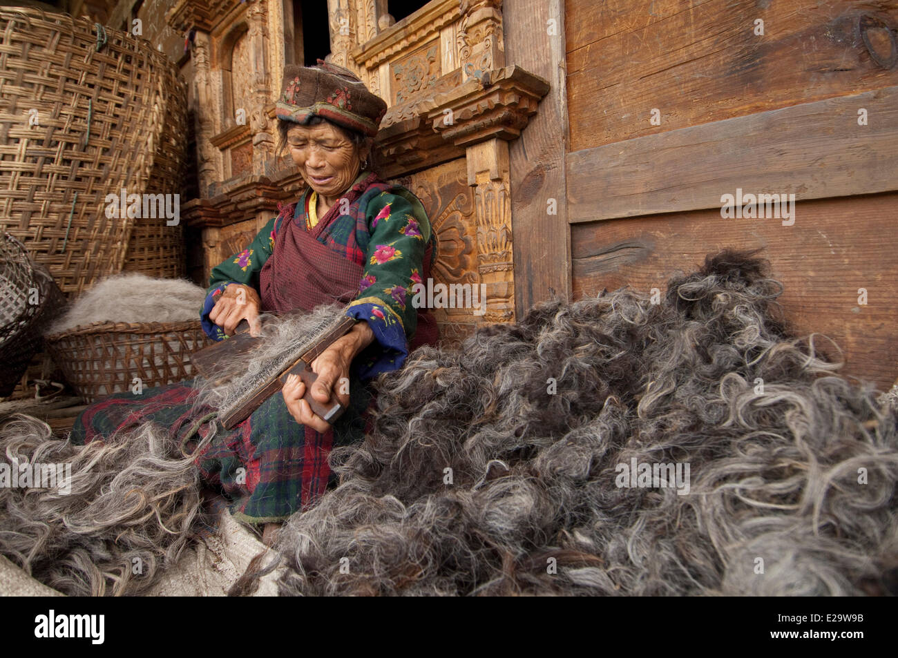 Nepal, Bagmati Zone, Rasuwa District, Trisuli Valley, Gatlang, Tamang heritage trail, traditional handicraft, wool carding Stock Photo