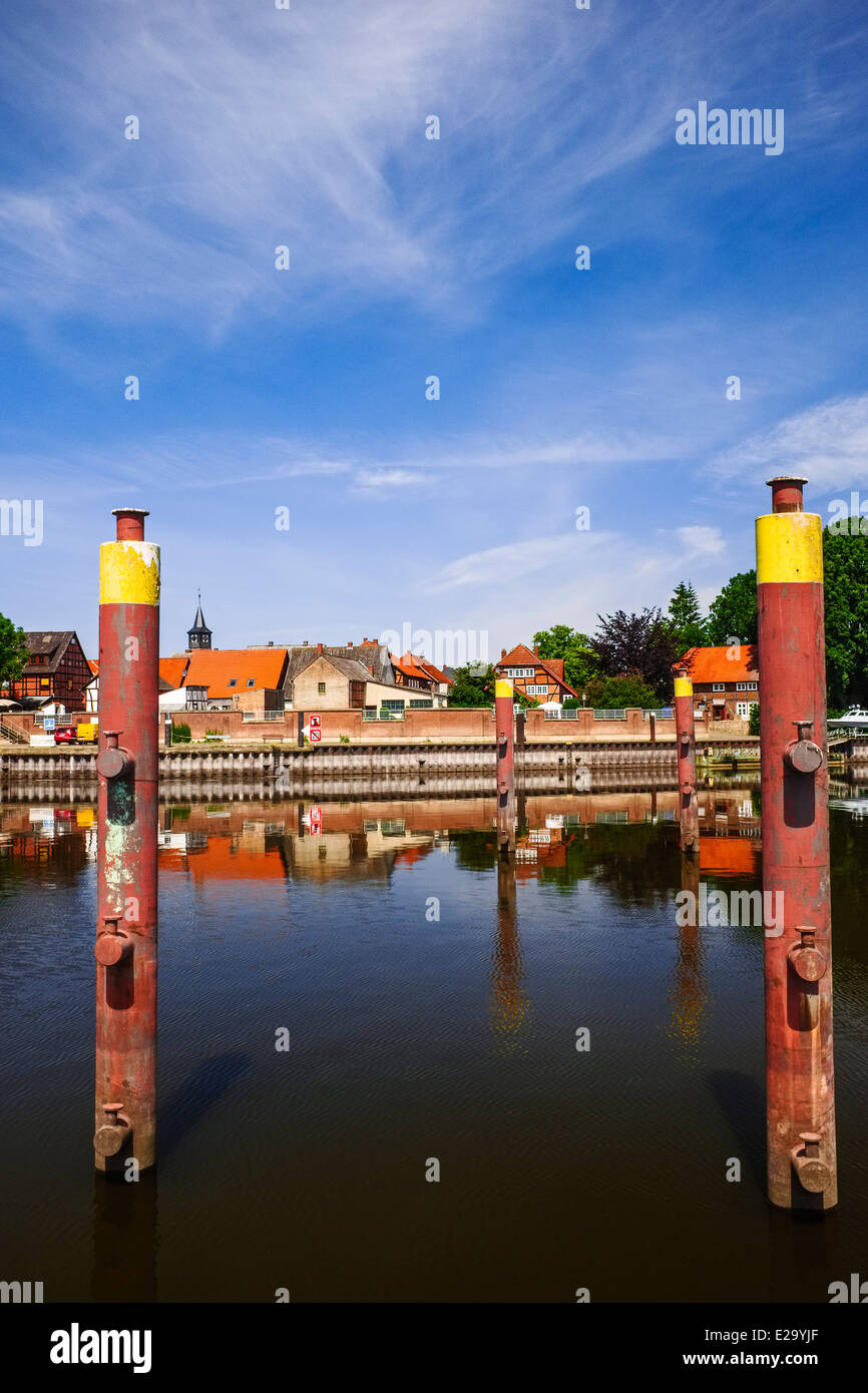 Harbour and outfall of River Aland, Schnackenburg, Lower Saxony, Germany Stock Photo