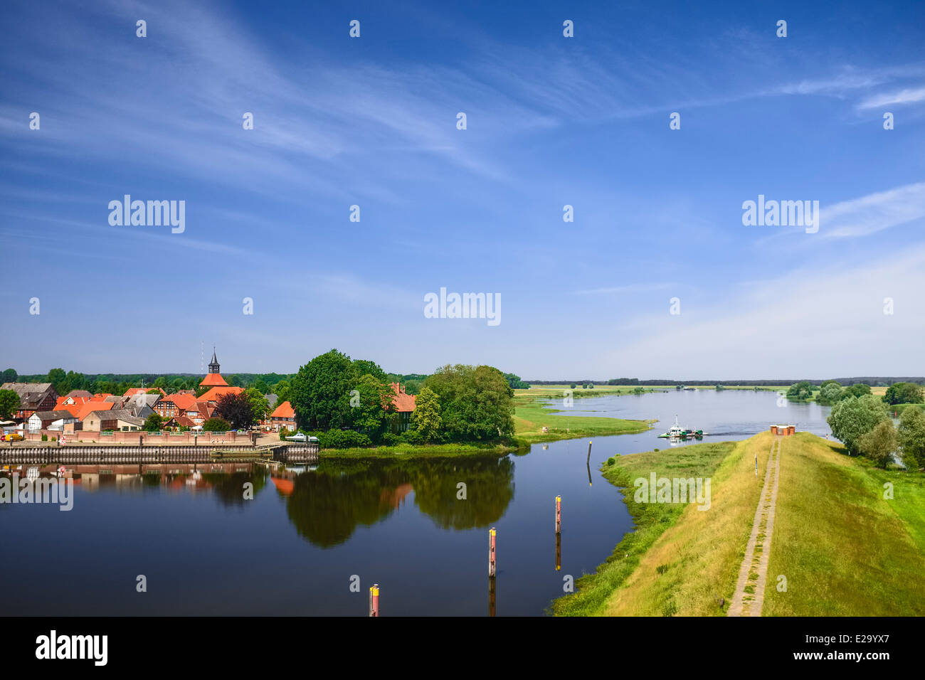 Harbour and outfall of River Aland, Schnackenburg, Lower Saxony, Germany Stock Photo
