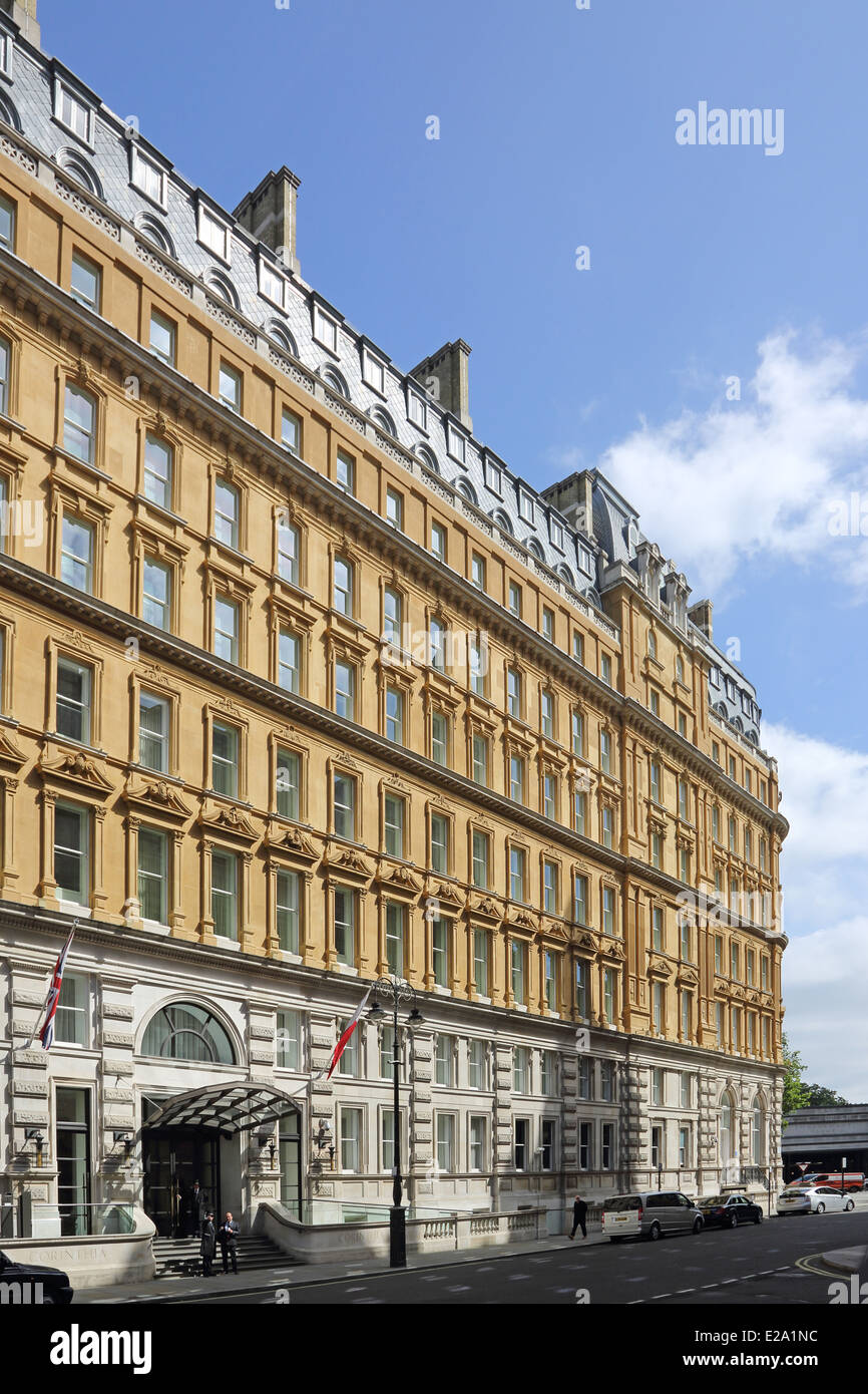 The Corinthia Hotel, on Whitehall Place, London. A large, 5 star luxury hotel close to Westminster and Downing Street Stock Photo