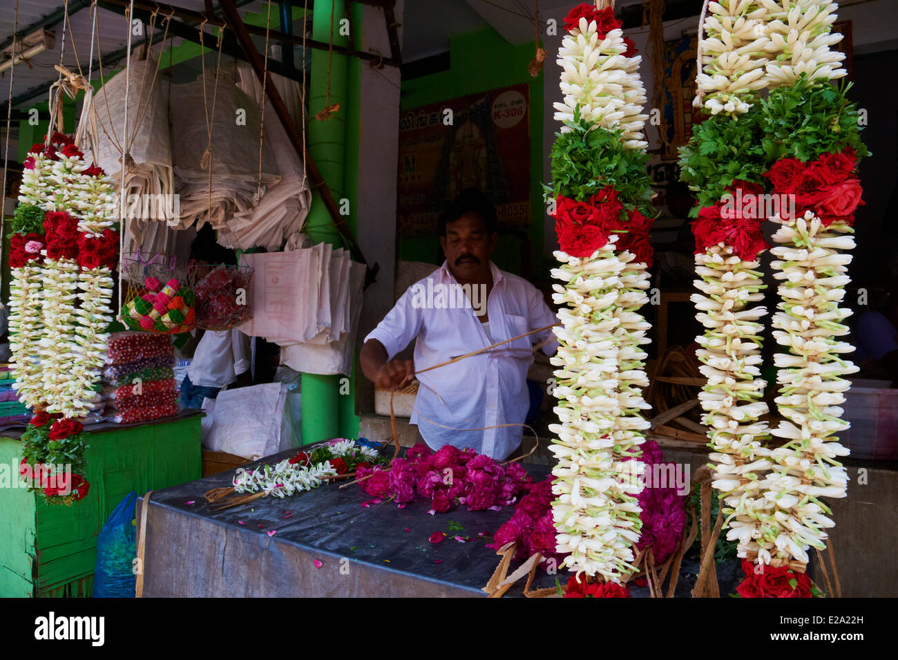 India, Tamil Nadu State, Madurai, flower market Stock Photo