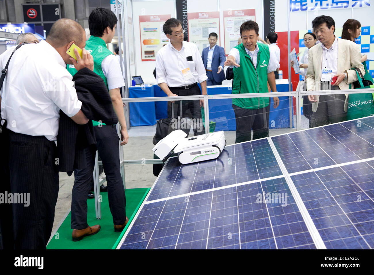 Tokyo, Japan. 18th June, 2014. – The solar panel cleaner 'RESOLA' performs at the Smart Community Japan 2014 in Tokyo Big Sight on June 18, 2014. The exhibition brings the latests products and technologies divided in 5 categories, 'Smart Community Exhibition', 'Biomass Expo', 'Next Generation Vehicle Exhibition, and newly-created 'Community Cloud 2014', which introduces technology for urban development. This year 229 enterprises and organizations shows their products from June 18th to 20th. Credit:  Aflo Co. Ltd./Alamy Live News Stock Photo