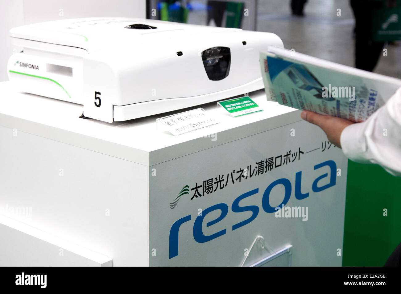 Tokyo, Japan. 18th June, 2014. – The solar panel cleaner 'RESOLA' at the Smart Community Japan 2014 in Tokyo Big Sight on June 18, 2014. The exhibition brings the latests products and technologies divided in 5 categories, 'Smart Community Exhibition', 'Biomass Expo', 'Next Generation Vehicle Exhibition, and newly-created 'Community Cloud 2014', which introduces technology for urban development. This year 229 enterprises and organizations shows their products from June 18th to 20th. Credit:  Aflo Co. Ltd./Alamy Live News Stock Photo