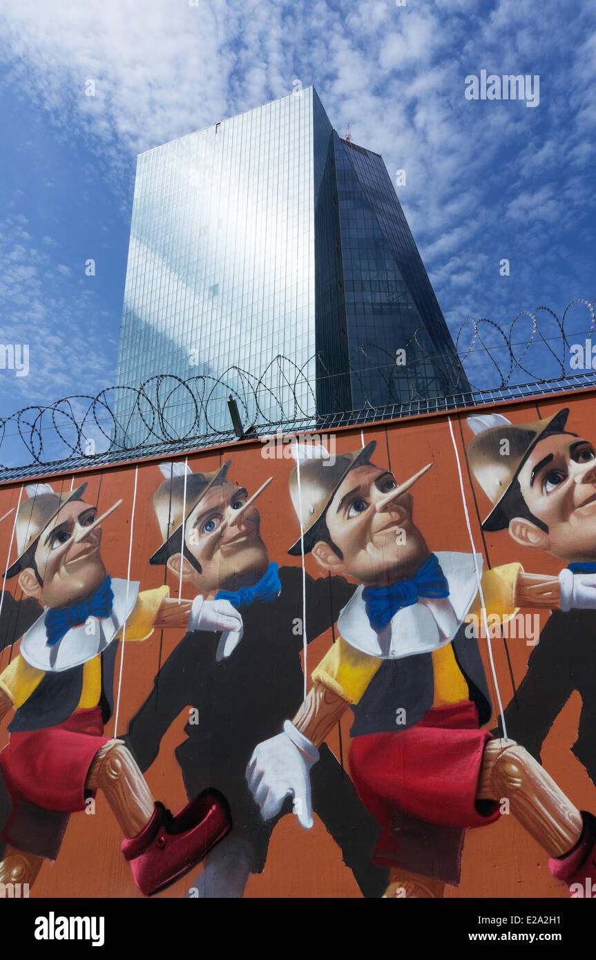 Germany: Graffiti at new EZB-campus shows EZB-president Mario Draghi as Pinocchio Stock Photo