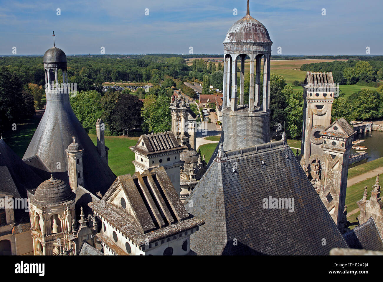 France, Loir et Cher, Loire Valley listed as World Heritage by UNESCO, Chateau de Chambord, the castle roofs adorned with many Stock Photo