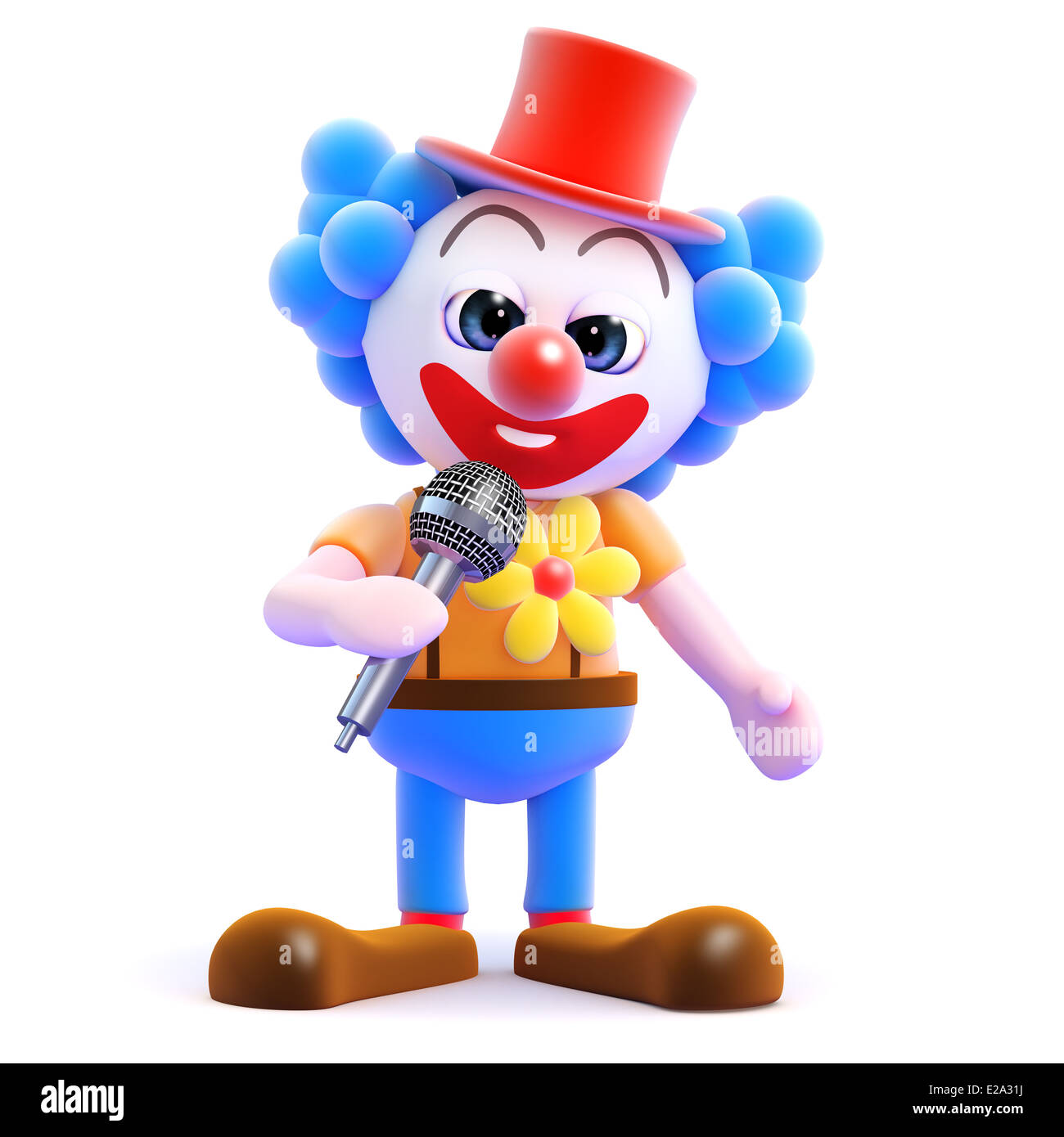 3d Crazy clown tells jokes into the microphone Stock Photo