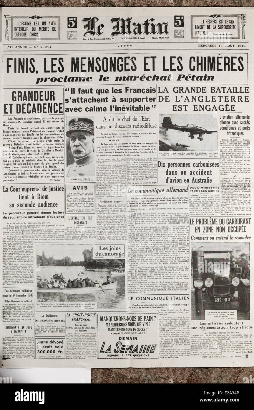 France, Ardennes, Carignan, Soberka family's personal archives, main cover of the newspaper Le Matin of the August 14th 1940 Stock Photo