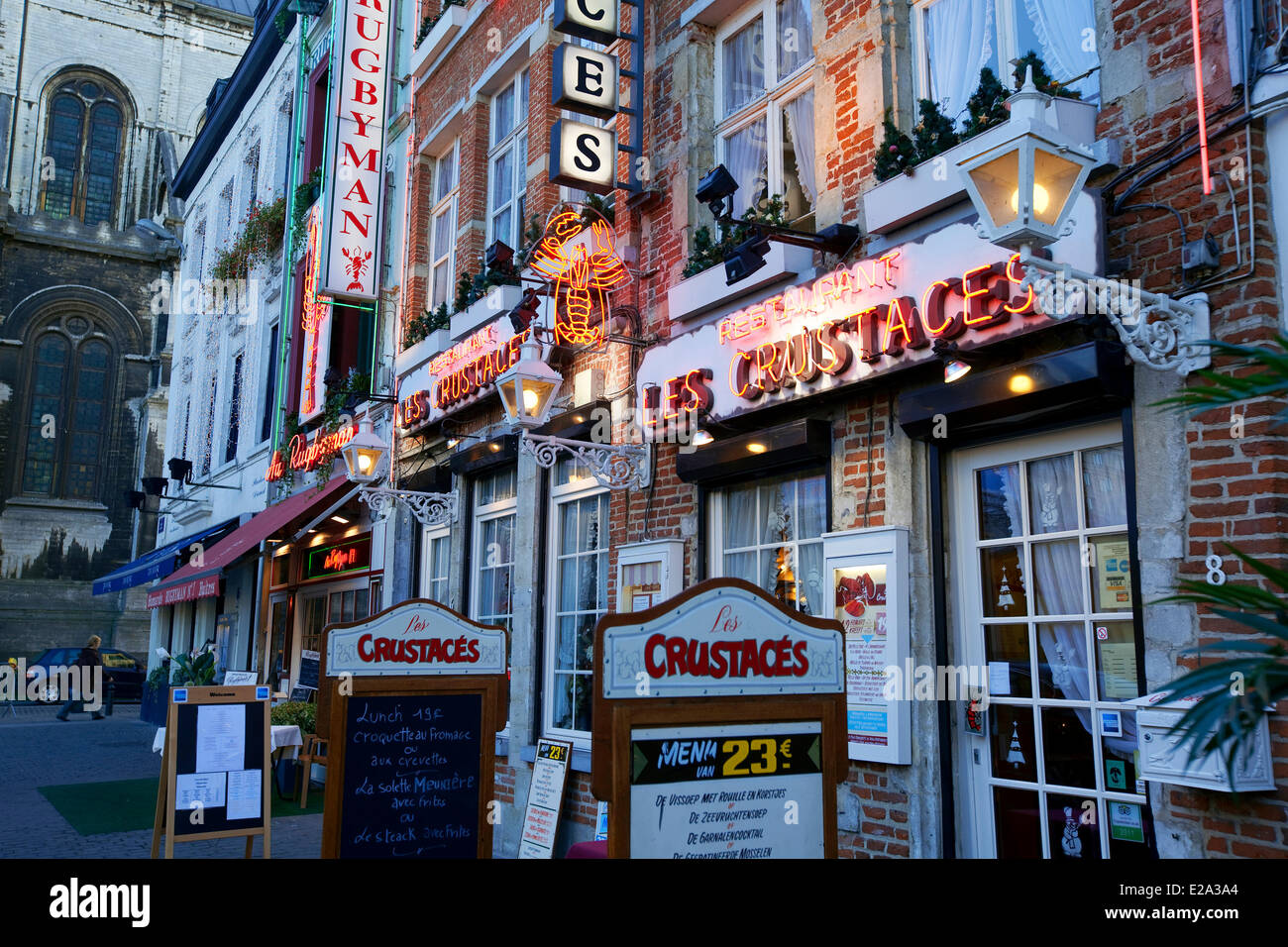 Belgium, Brussels, Marche aux Poissons (Square fish maket), restaurant Stock Photo