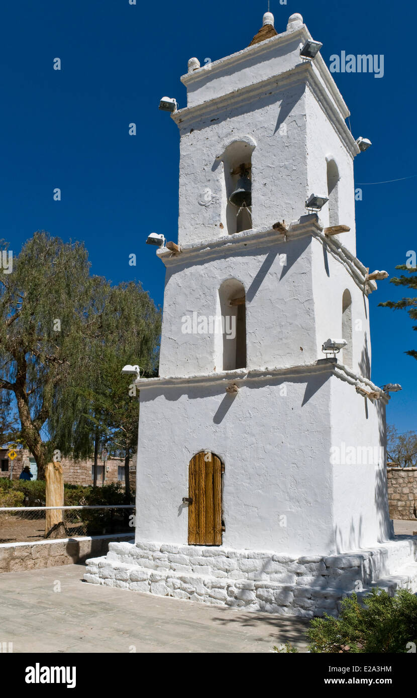 Chile, Antofagasta Region, El Loa province, Atacama Desert, oasis village of Toconao, famous campanil of San Luca church of 18 Stock Photo