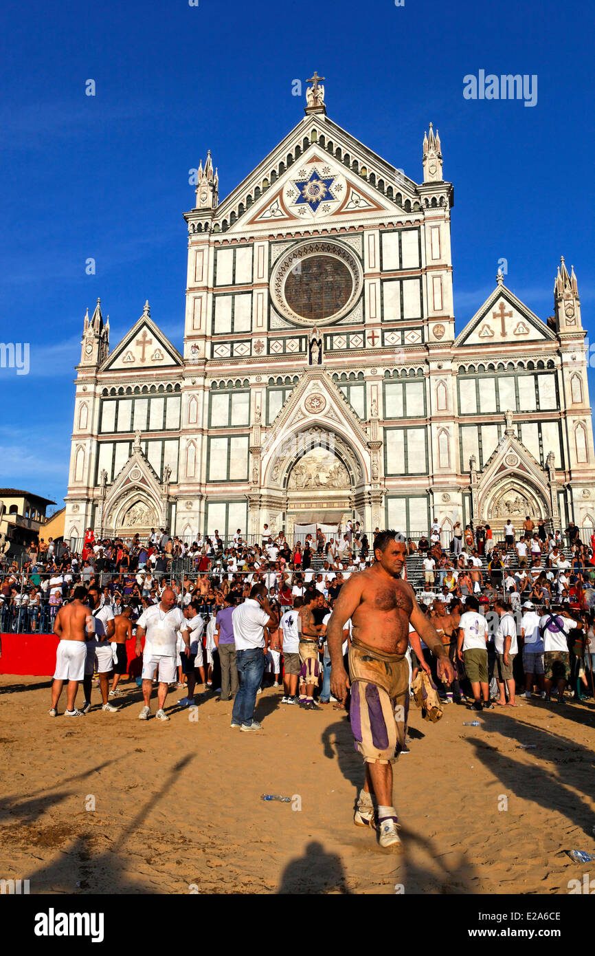 Italy, Tuscany, Florence, historic center listed as World Heritage by UNESCO, Santa Croce square, finale of Calcio Storico Stock Photo