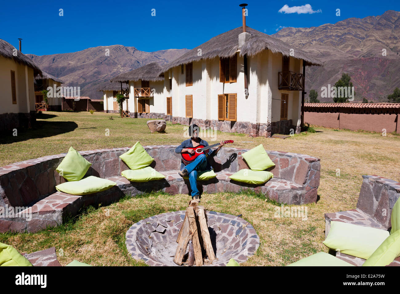 Peru, Cuzco Province, Huasao, bungalows in the Hacienda of Ninos Hotel is one of the three hotels that finances the Foundation Stock Photo