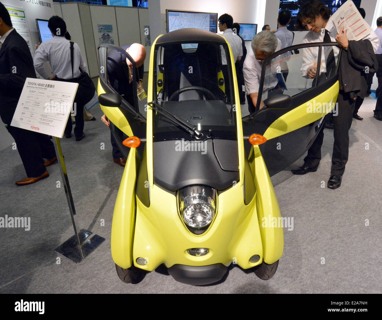 Tokyo, Japan. 18th June, 2014. The i-Road, Toyot's ultra-compact three-wheeled electric vehicle for short-distance city driving is on display during the Smart Community Exhibition in Tokyo on Wednesday, June 18, 2014. The exhibition, proposing new technologies and solutions for construction of social infrastructure showcased houses, building, factories, stores and all kinds of products or technologies relating to the smart community. Credit:  Aflo Co. Ltd./Alamy Live News Stock Photo