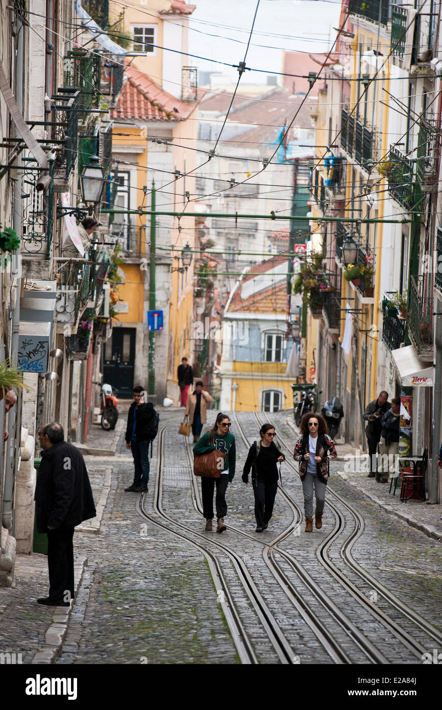 Portugal, Lisbon, on the tracks of the cable car da Bica Stock Photo