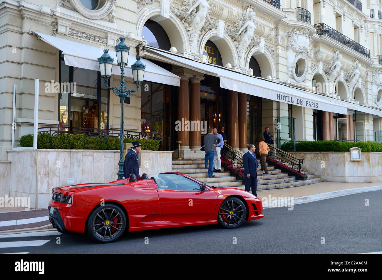 Principality of Monaco, Monaco, Monte-Carlo, Ferrari parked outside the Hotel de Paris Stock Photo