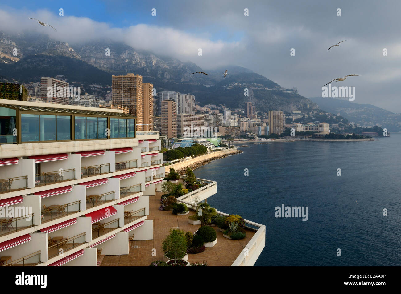 Principality of Monaco, Monaco, Monte-Carlo, Fairmont Hotel and the Larvotto district in the background Stock Photo
