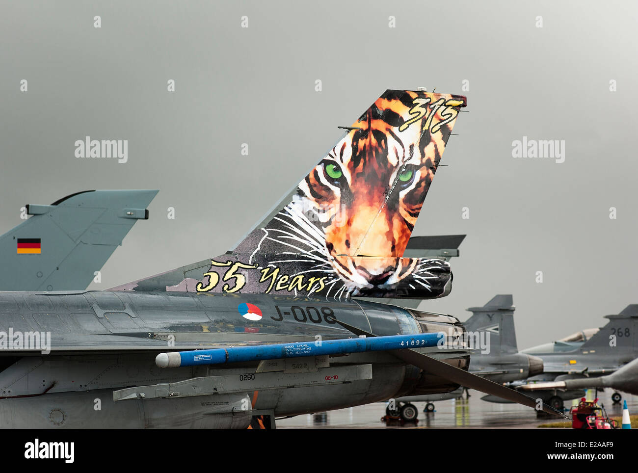 Tiger on fin of F-16 fighter at an English airshow Stock Photo