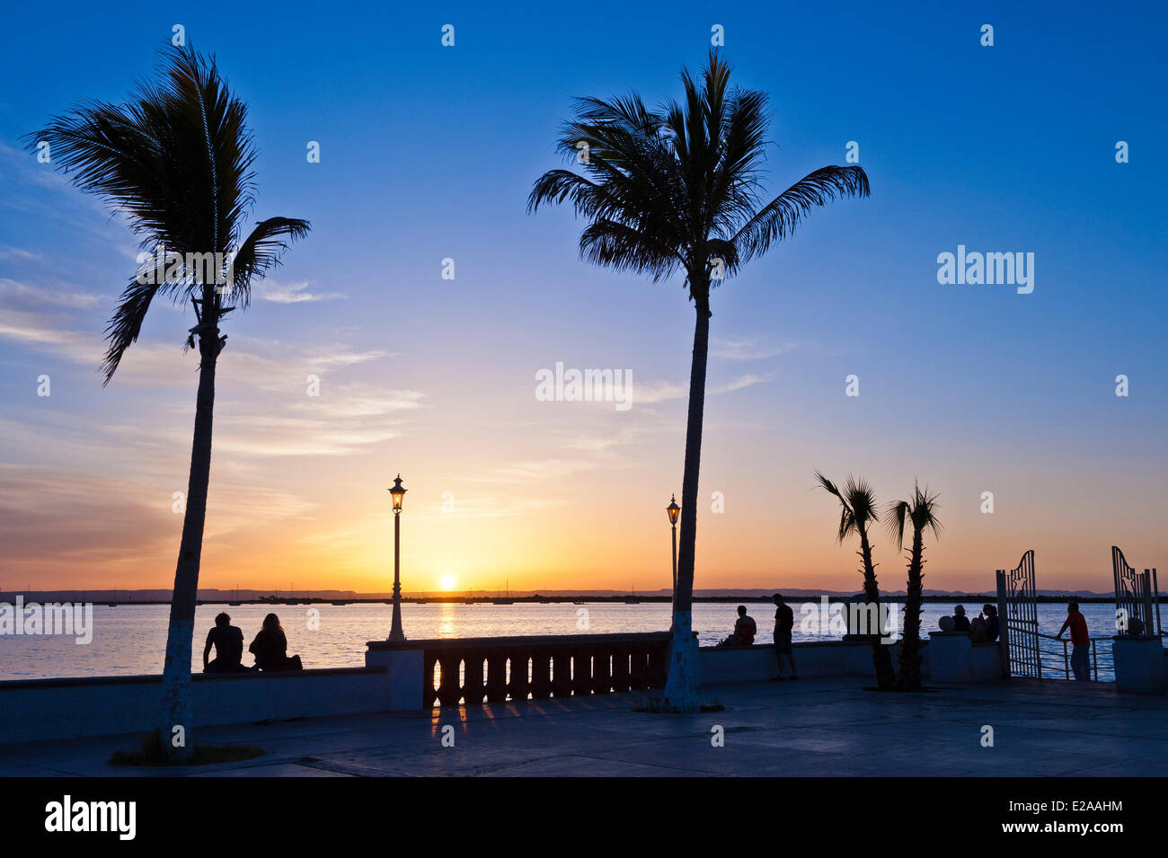 Mexico, Baja California Sur state, La Paz, the Malecon (waterfront street) at sunset Stock Photo