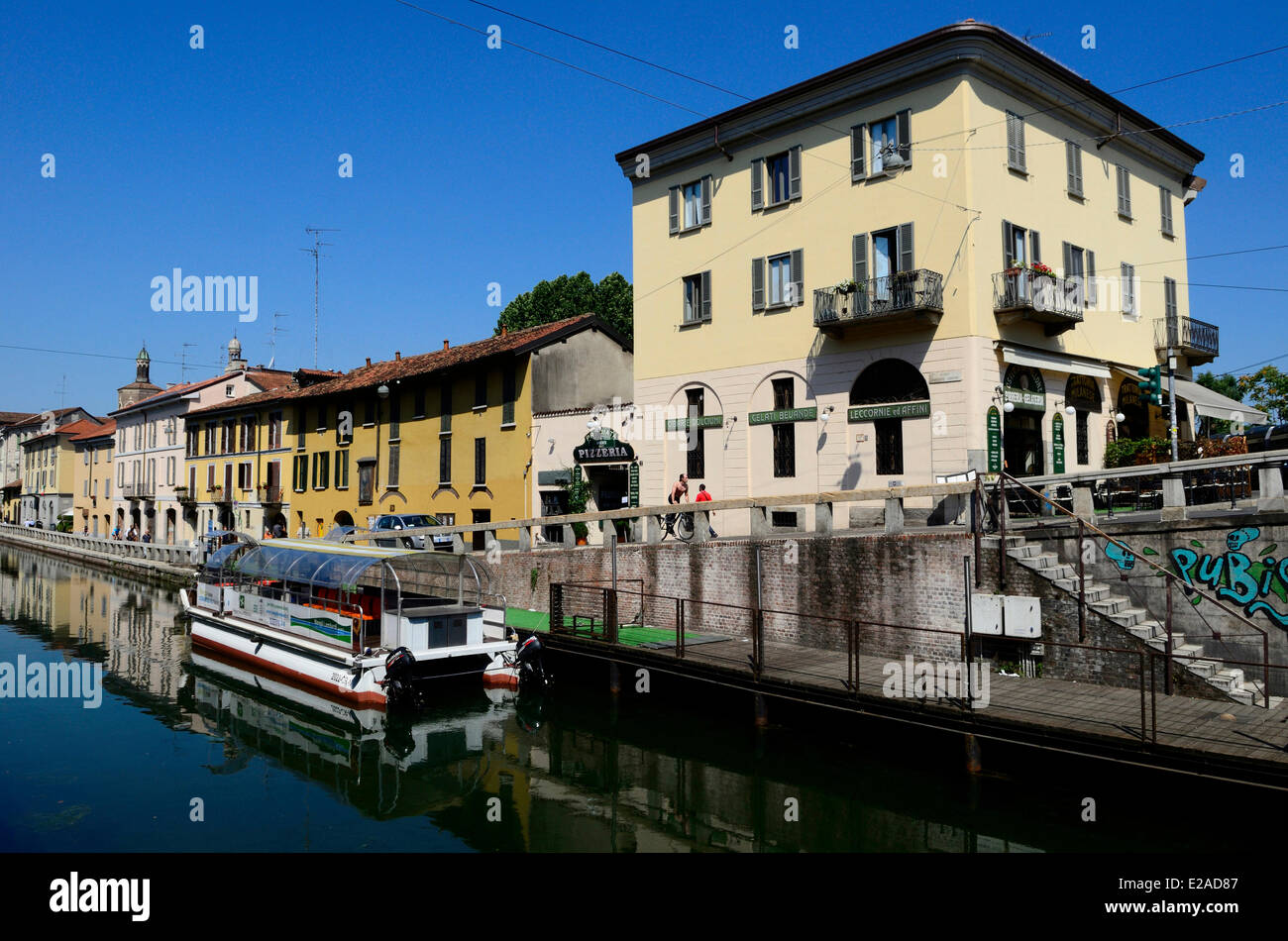 Italy, Lombardy, Milan, a boat on Naviglio Grande (main channel) Stock Photo