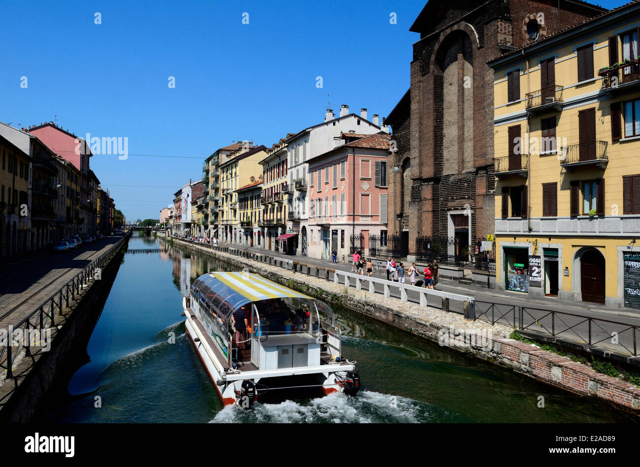 Italy, Lombardy, Milan, a boat on Naviglio Grande (main channel) near via Corsico Stock Photo