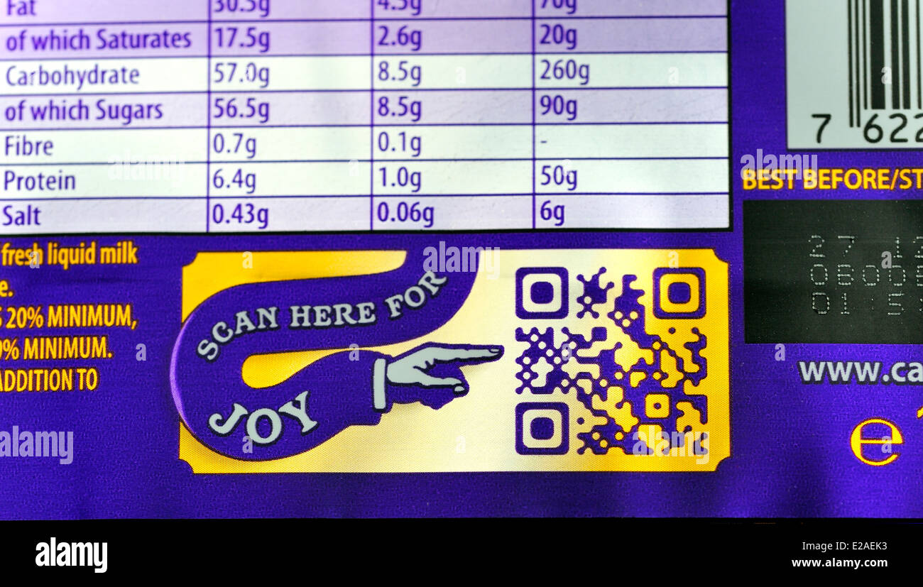 Quick response code on the back of a Cadbury's bar of chocolate Stock Photo