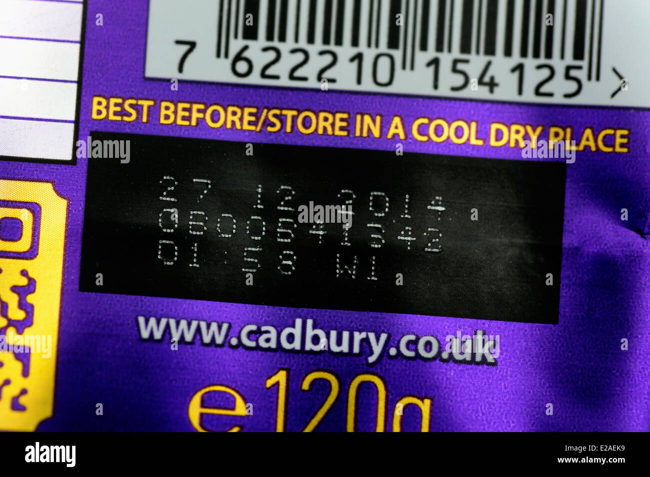 Bar code and best before date code on a bar of Cadbury's Chocolate Stock Photo