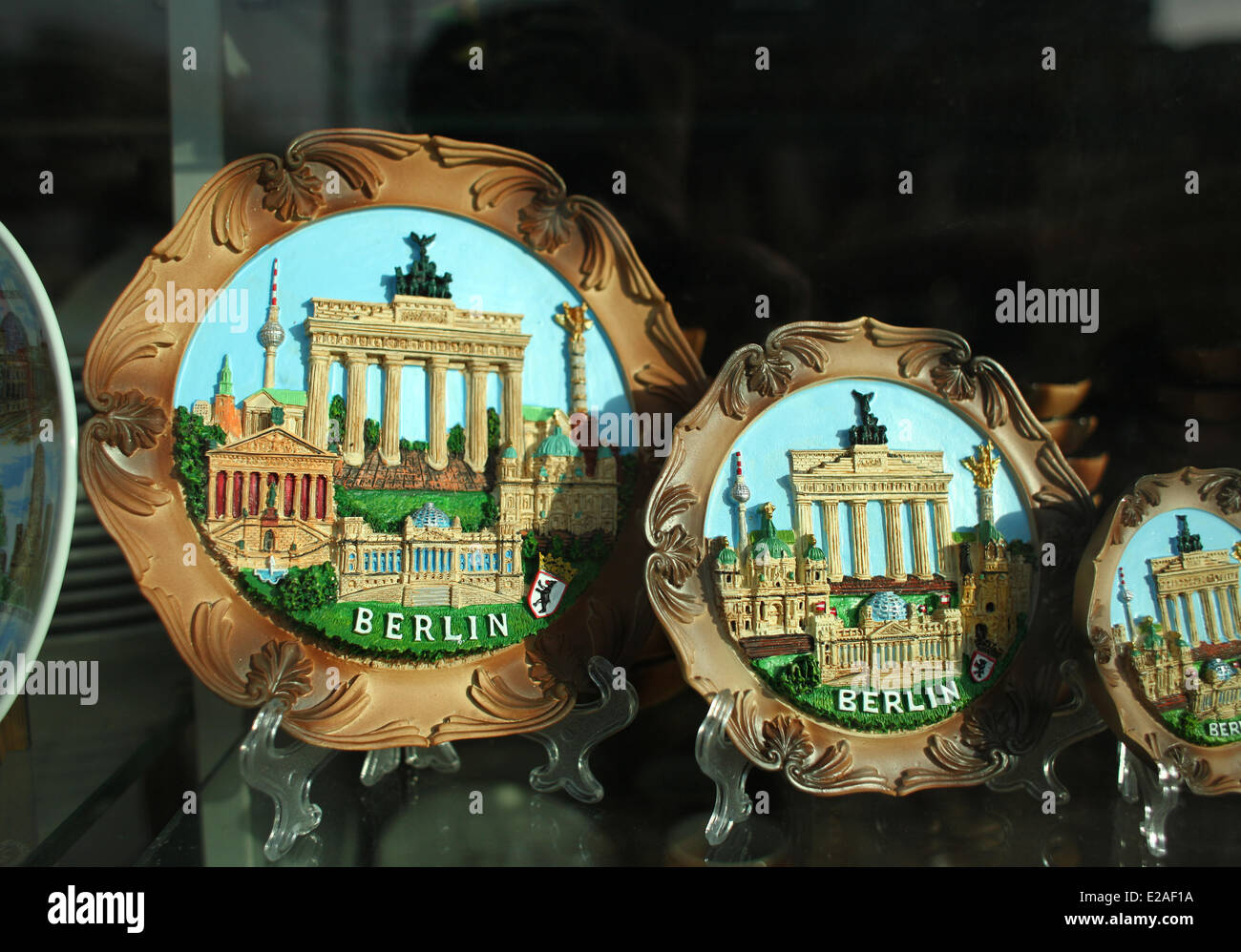 Plates with Berlin landmarks are seen in a gift shop for tourists in Berlin at Alexanderplatz , January  02, 2014. The photo is part of a series on tourism in Berlin. Photo: Wolfram Steinberg dpa Stock Photo