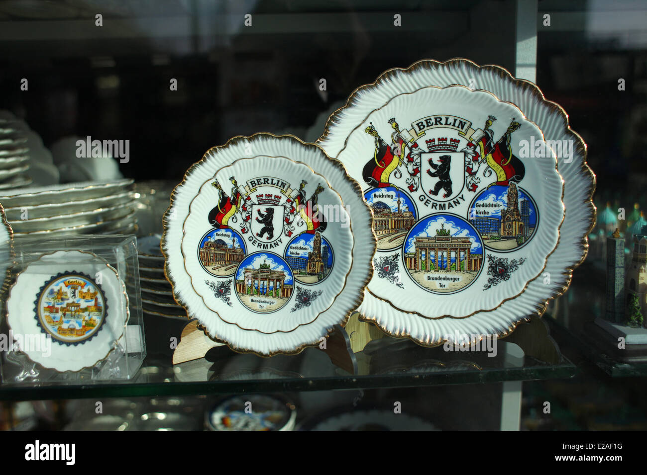Plates with Berlin landmarks and the Berlin bear are seen in a gift shop for tourists in Berlin at Alexanderplatz , January  02, 2014. The photo is part of a series on tourism in Berlin. Photo: Wolfram Steinberg dpa Stock Photo