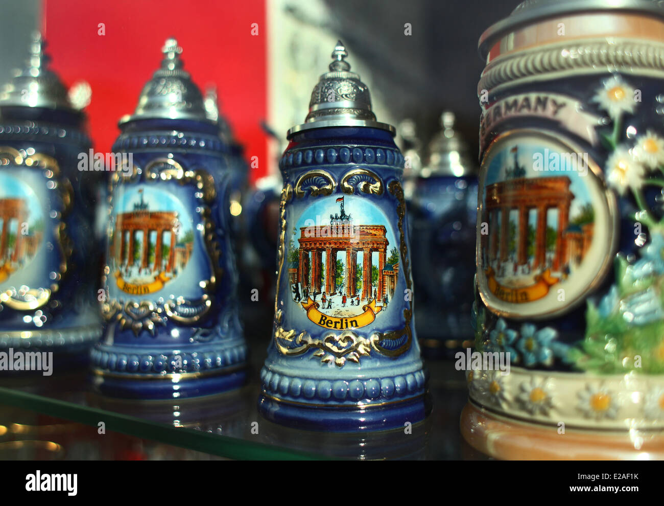 Bier mugs with a picture of the Brandenburg Gate are seen in a gift shop for tourists in Berlin at Alexanderplatz , January  02, 2014. The photo is part of a series on tourism in Berlin. Photo: Wolfram Steinberg dpa Stock Photo