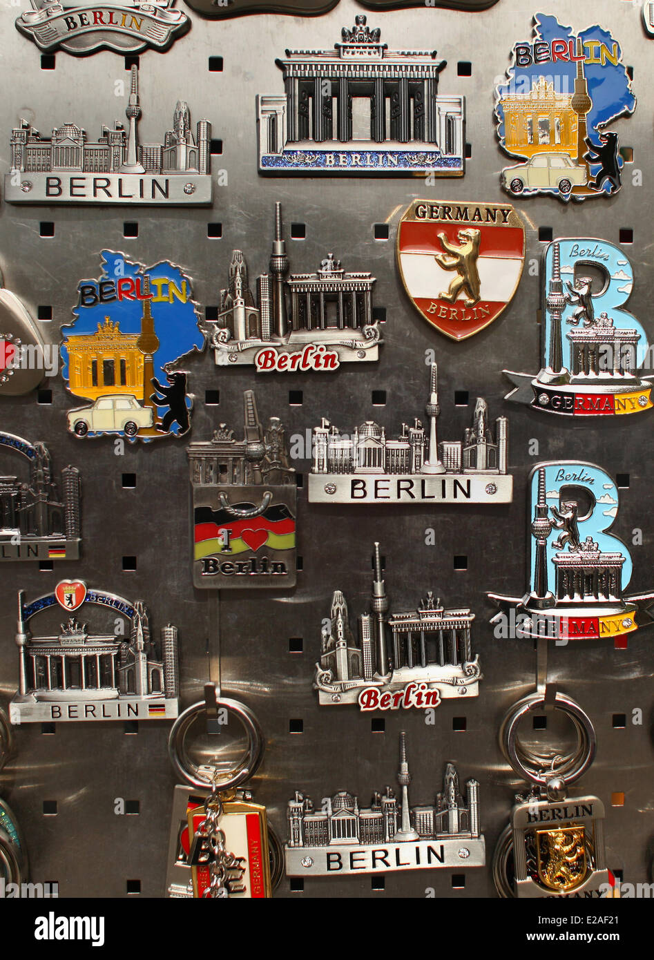 Magnets with Berlin landmarks like the Brandenburg Gate and Televison Tower and the Berlin bear are seen at a gift shop for tourists in Berlin,  April  17, 2014. The photo is part of a series on tourism in Berlin. Photo: Wolfram Steinberg dpa Stock Photo