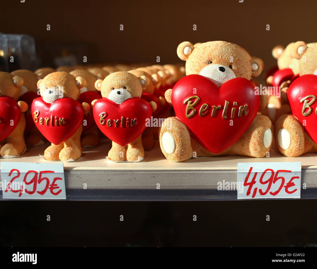 Little bears with red hearts are seen in a gift shop for tourists in Berlin at Alexanderplatz , January  02, 2014. The photo is part of a series on tourism in Berlin. Photo: Wolfram Steinberg dpa Stock Photo