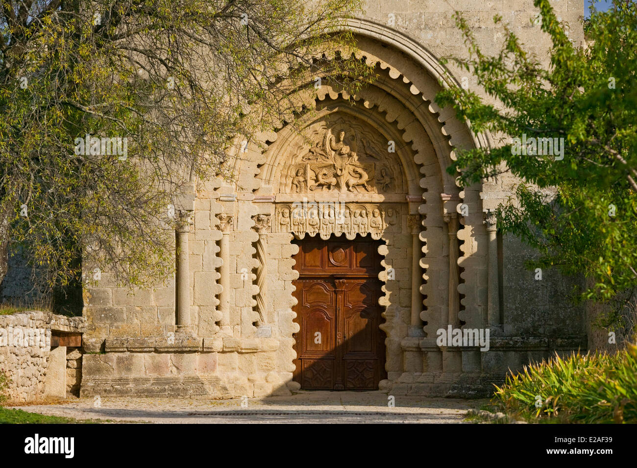 France, Alpes de Haute Provence, Durance Valley, Ganagobie, Abbey Notre Dame de Ganagobie, portal and tympanum Stock Photo