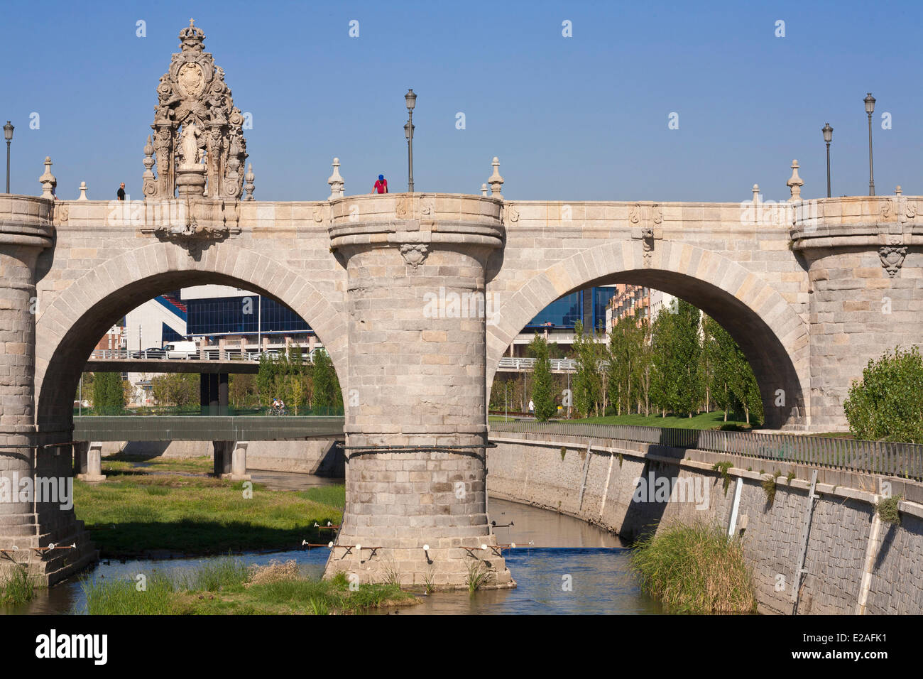 Spain, Madrid, Rio Madrid park along Manzanares river opened in 2011, Tolede Bridge completed in 1732 with oratories dedicated Stock Photo