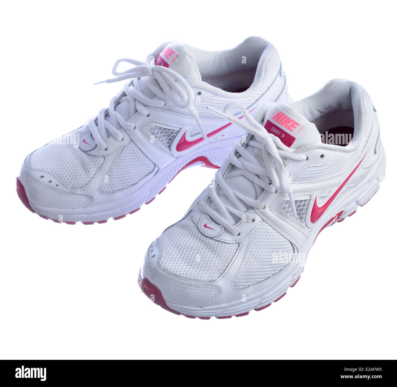 White Nike Dart 9 running shoes isolated on white background Stock Photo