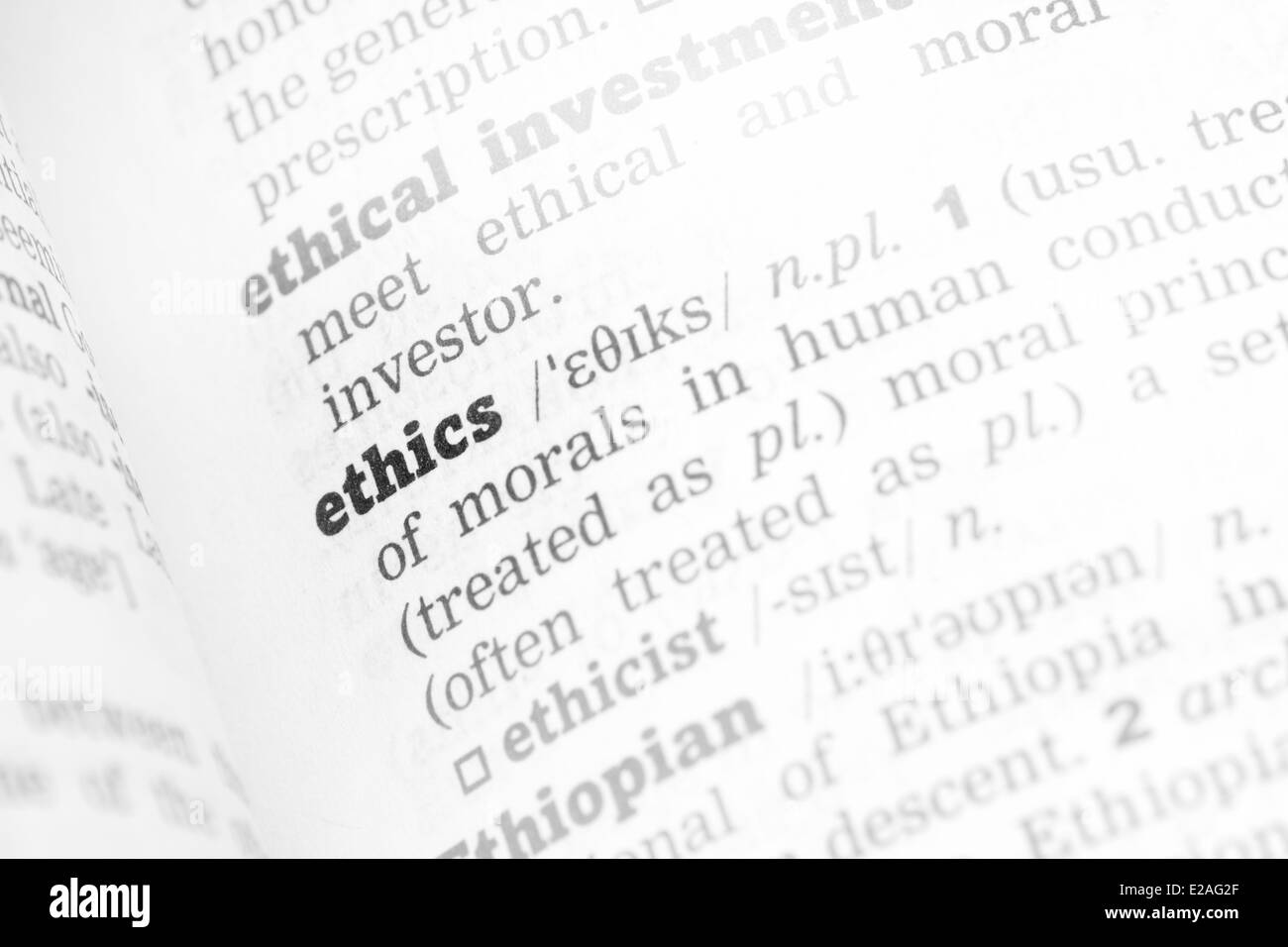 Dictionary definition word ethics Black and White Stock Photos & Images