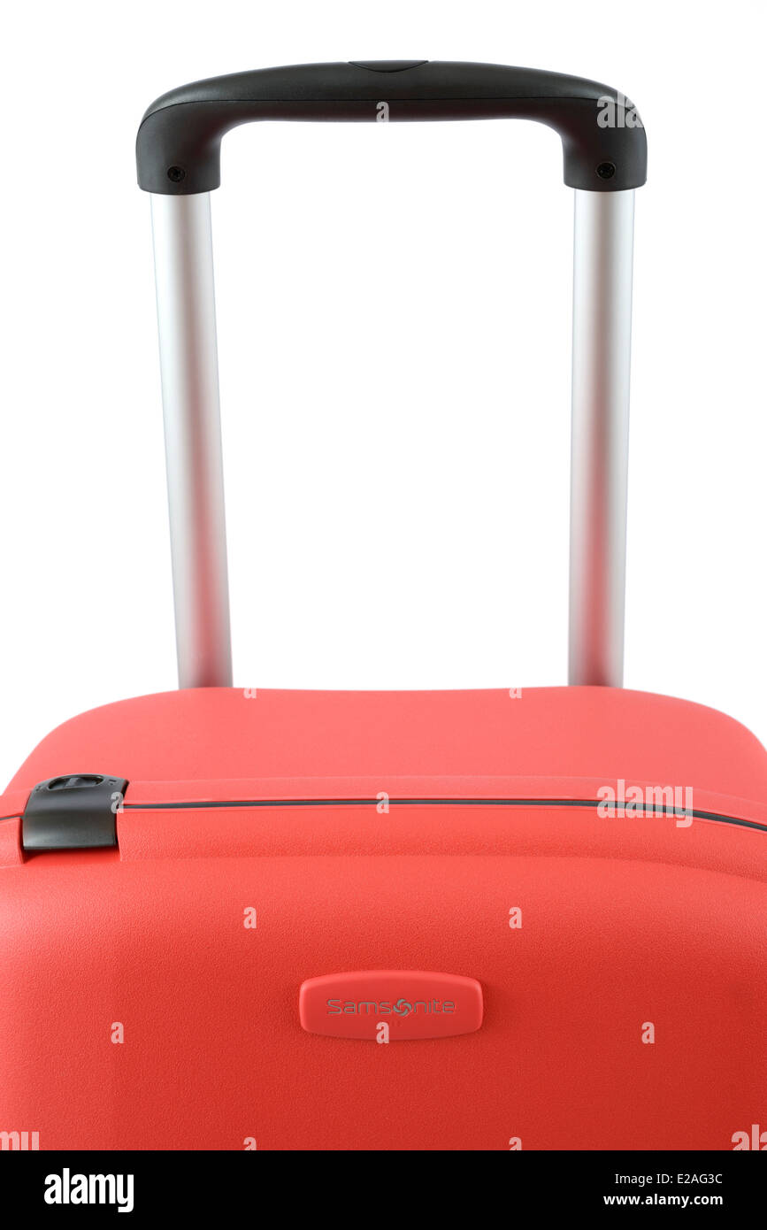 Red Samsonite rolling trolley suitcase isolated on white background Stock  Photo - Alamy