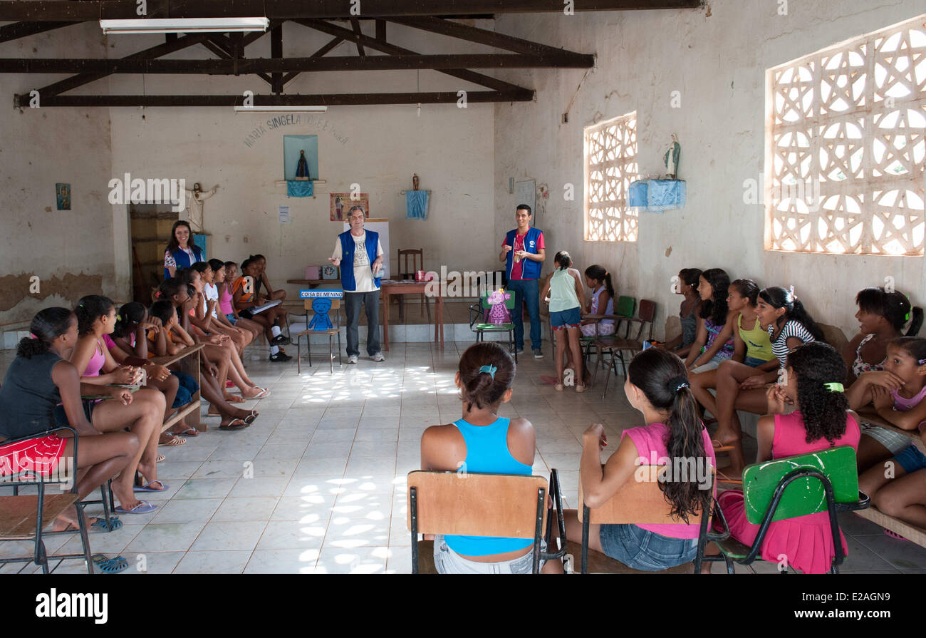 Gender and girls' football project/workshop of the child welfare organisation Plan International for empowering and education of girls. Stock Photo