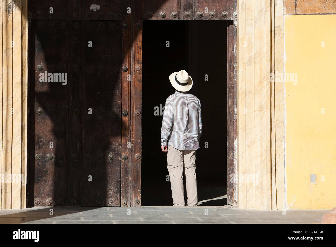Cuba, Ciudad de La Habana Province, Havana, Habana Vieja district, listed as World Heritage by UNESCO, man wearing a Panama hat Stock Photo
