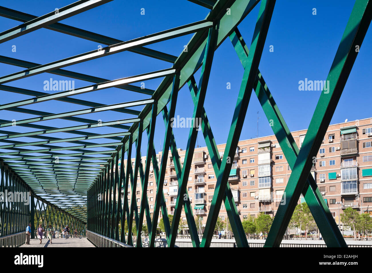 Spain, Madrid, Rio Madrid park along the river Manzanares opened in 2011, Andorra Principality Andorra bridge (bridge in wind Y) Stock Photo