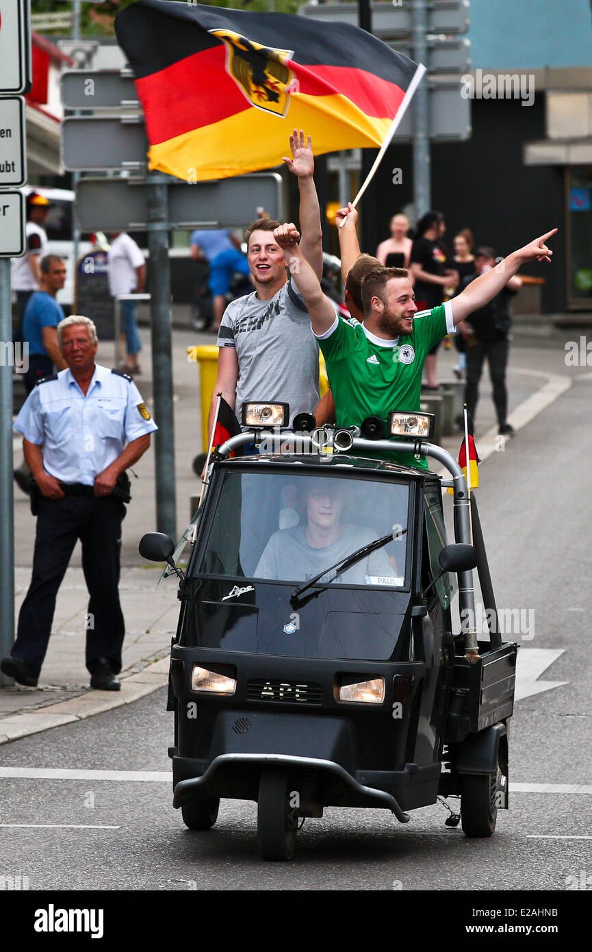 German soccer fans celebrates in Waiblingen, Germany, June 16, 2014. Stock Photo