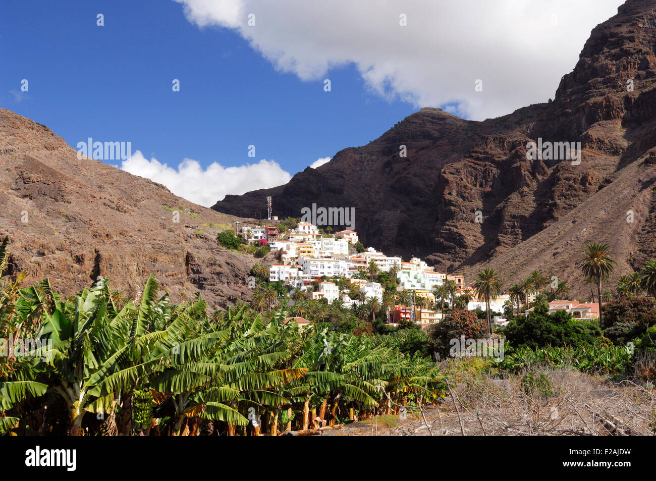 Spain, Canary Islands, La Gomera, Valle Gran Rey, white houses of the La Calera Village Stock Photo