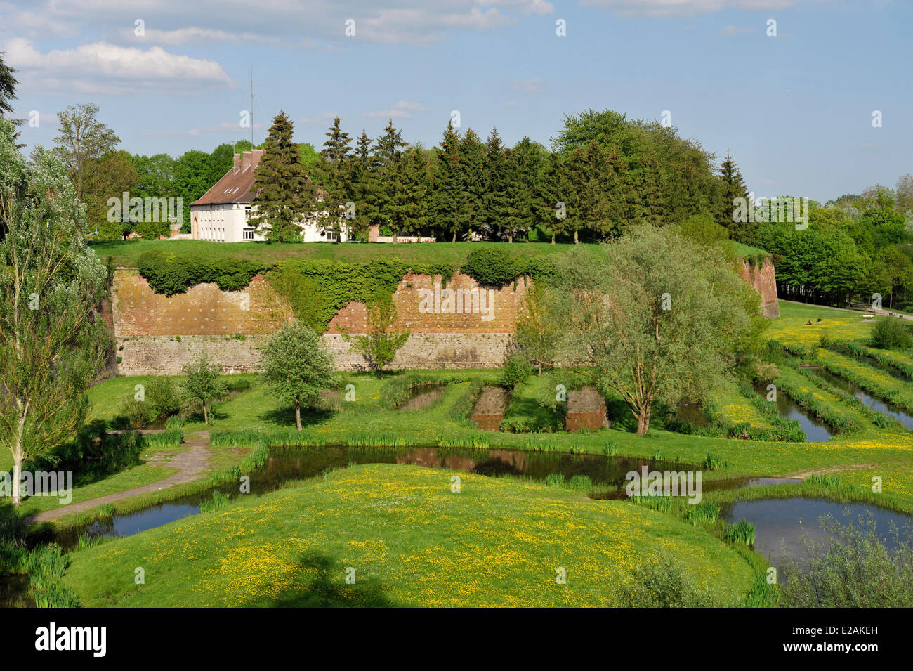 France, North, Le Quesnoy, battlements and landscaped water gardens Stock Photo