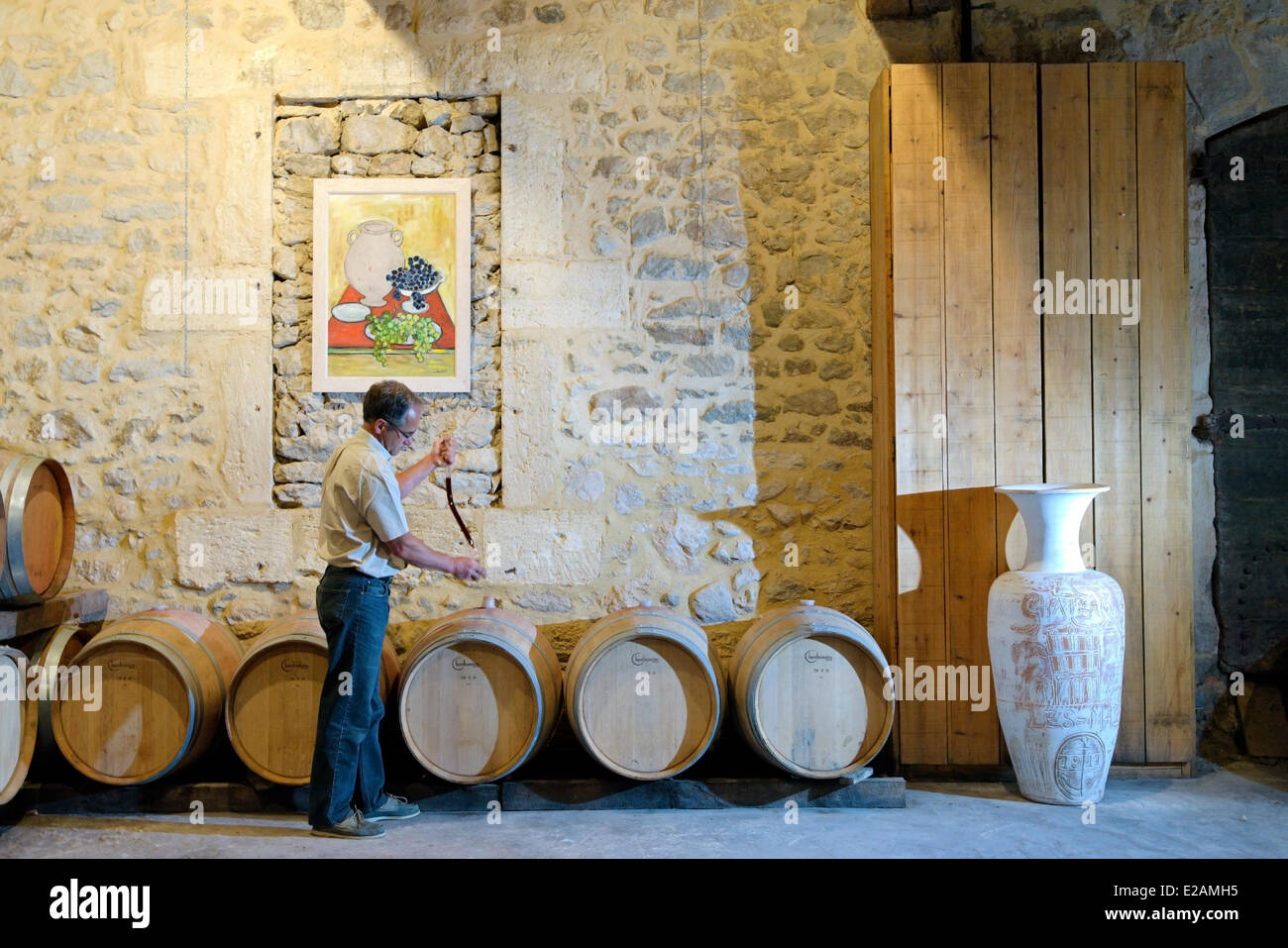 France, Herault, Saint Aunes, Chateau les Mazes domain, sampling wine from the pipette barrel in the cellar for a tasting, Stock Photo
