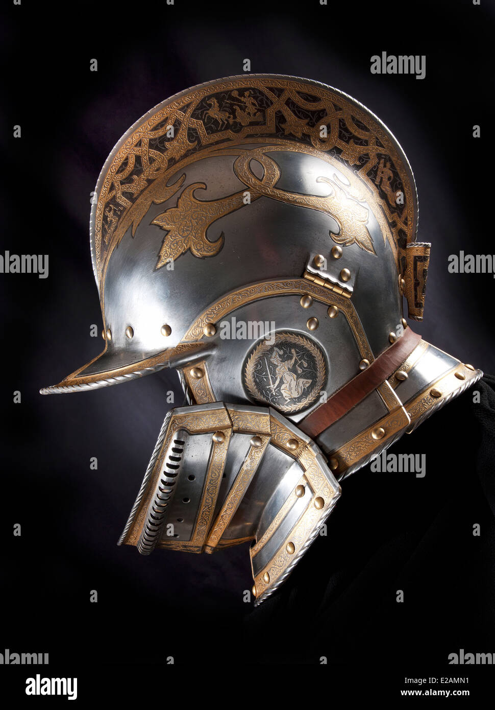 Iron helmet of the medieval knight. Very heavy headdress Stock Photo
